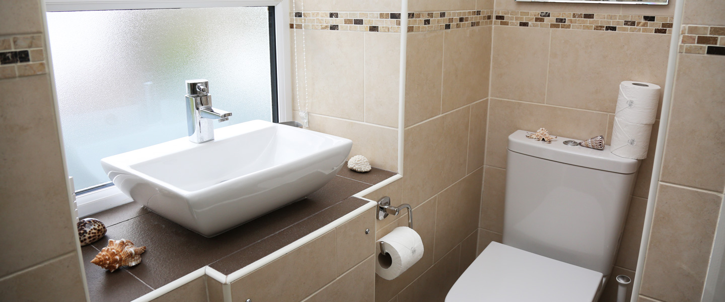 Kirrin Cottage ensuite shower, basin and toilet with view of turret from window