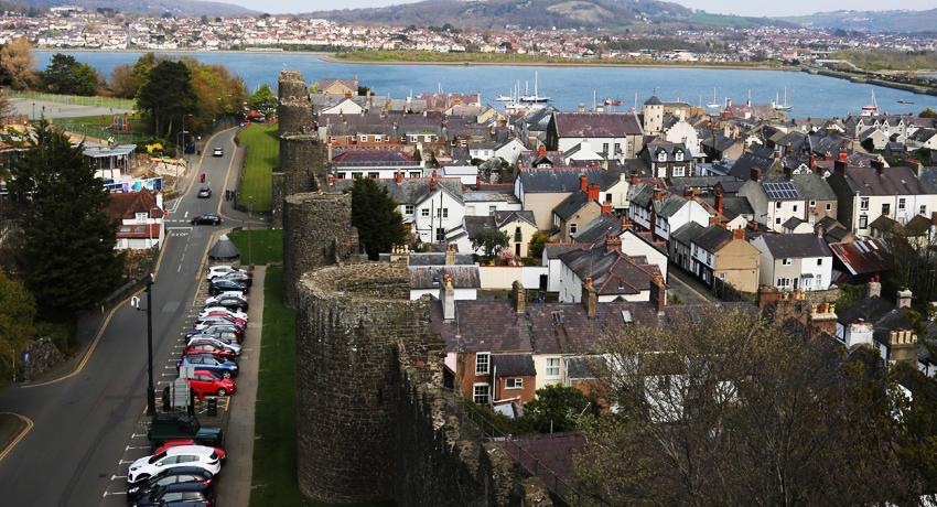conwy town walls overlooking marina conwy castle